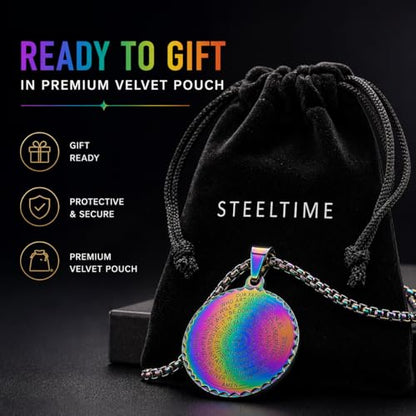 Steeltime Stainless Steel Lords Prayer Necklace with Simulated Diamonds - color: Rainbow IP, style: Round Pendant