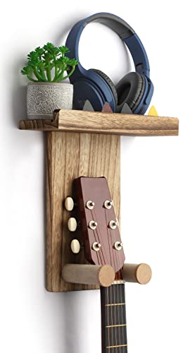 Keebofly Guitar Wall Mount Hanger with Rustic Wood Shelf- Single Pack, Wall Hook Rack for Acoustic/Electric Guitars, Bass & Ukulele, (Brown,Patented) - color: Single Pack_Rustic Brown