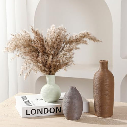 Ceramic Vases Set of 3 Modern Rustic Farmhouse Home Decor | Pottery Decorative Flower Vases for Pampas Grass Dried Fresh Flowers, Living Room, Table Centerpiece, Shelf, Mantel