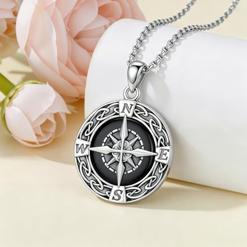 Graduation Gifts for Women 925 Sterling Silver Compass/Graduation/Vet/Cross/Stethoscope Necklace for Women - color: Compass-Obsidian