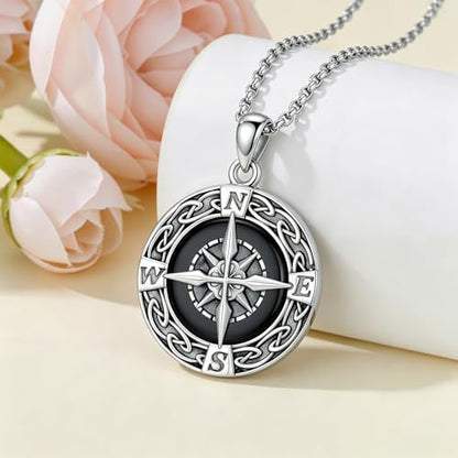 Graduation Gifts for Women 925 Sterling Silver Compass/Graduation/Vet/Cross/Stethoscope Necklace for Women - color: Compass-Obsidian