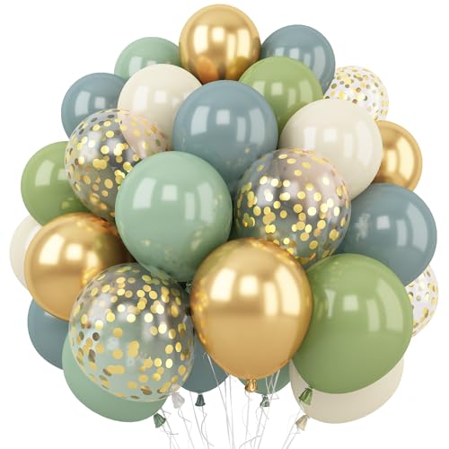 Dusty Green Blue Balloon, 60 Packs 12 Inch Sage Green Balloon with Haze Fog Blue Sand White and Gold Balloons for Jungle Safari Neutral Boho Birthday Baby Shower Party Decorations - color: Dusty Blue Green