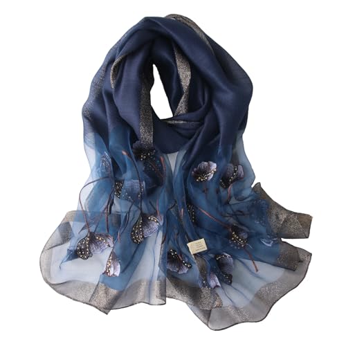 Purple Silk Scarf and Shawl - Elegant Embroidered Silk Scarf - color: Dark Blue