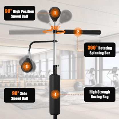 3-in-1 Freestanding Punching Bag Set for Adults & Teens, Boxing Bag with Adjustable Height, 2 Speed Balls & 360° Relax Bar, Complete Home Boxing Equipment Training System, No Mounting Needed