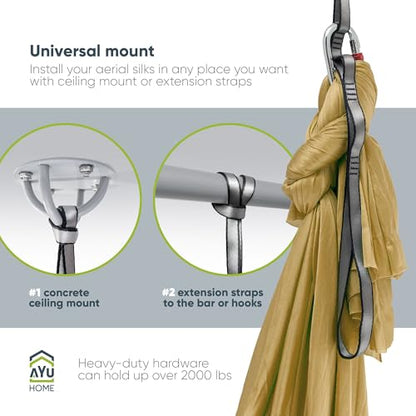 AyuHome Aerial Silks Kit for Home - Premium Yoga Swing for Adults with 660 lbs Capacity - Versatile Aerial Yoga Hammock for Gymnastics Training - color: Aerial silk - Gold - New