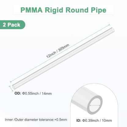 M METERXITY 2-Pack Clear Rigid Acrylic Pipe, 10mm[0.39"] ID x 14mm[0.55"] OD Plastic Round Tube for Water Cooling System/Lamps/Fountains/Aquariums/Display Stand, Acrylic Tubing [305mm/12IN] - size: 10mm ID x 14mm OD