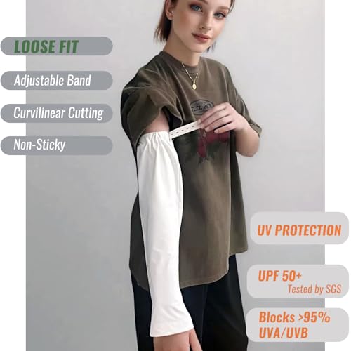 UPF 50+ Sun Protection Arm Sleeves Elastic band Adjustable Cuff Loose Fit Non-Sticky Airflow Friendly Outdoor - color: White, size: Small