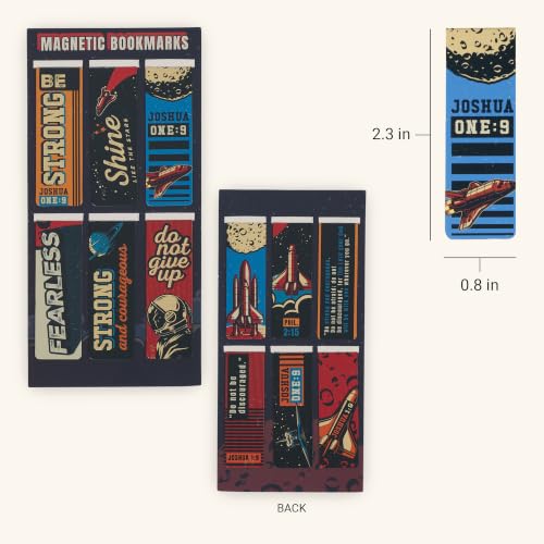 Christian Art Gifts Magnetic Scripture Bookmark Set for Boys & Girls: Strong & Courageous Bible Verse, Multicolor Outer Space Travel Theme, Books, Bibles, Notes, Refrigerators, 6 Piece Set 2.3" x 0.8" - color: Be Strong Outer Space