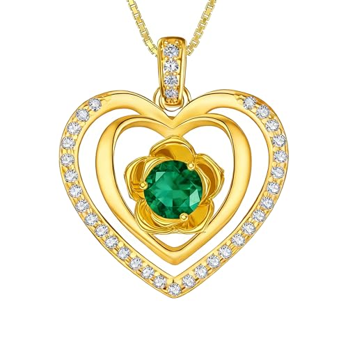 18K Yellow Gold Rose Birthstone Necklace 12 Months Rose Flower Birthstone Necklace Birthday Jewelry Gifts for Women Mom Her - color: 05-May