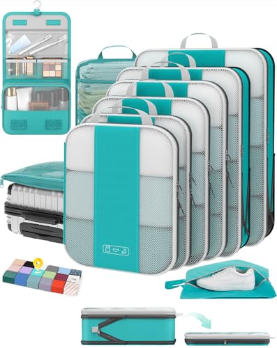 OlarHike 10 Set Compression Packing Cubes for Travel Essentials,Compressible Expandable Space Saver Bags for Organizing Clothes,Luggage Suitcase Garment Bags with Over 1000 pcs Mesh Holes(Blue Green) - color: Blue Green