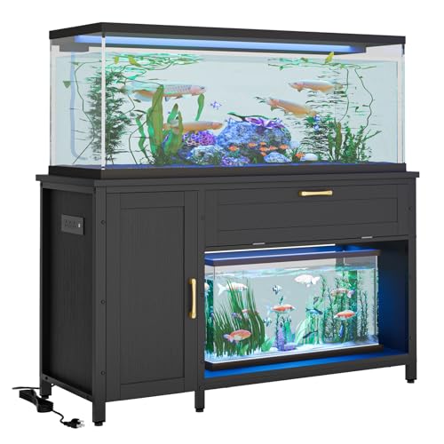 Bestier 55-75 Gal Fish Tank Stand with Power Outlet & LED Light, Black | RGB Led 22 Modes, Storage Cabinet With 3-Level Adjustable Shelf, Pull-Out Drawer, 37X18 In, 726Lbs Capacity, 4 Leveling Feet - size: 55-75 Gallon