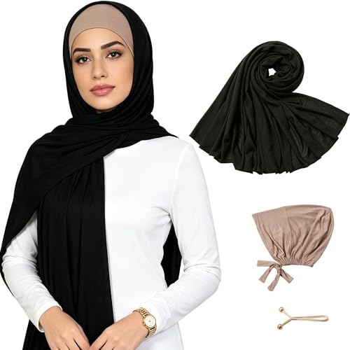 Hijab Scarf for Women, 3PCS Set with Undercap and Hijab Clip Lightweight Modal Muslim Head Wrap Scarf for Daily - color: Sy3-black Hijab+khika Undercap