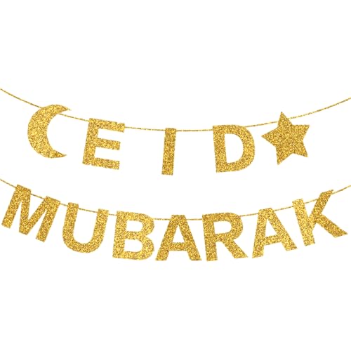 Eid Mubarak Banner Gold Glitter Ramadan Decorations Star Moon Hanging Banner Eid Decorations for Home Outdoor Ramadan Party Supplies