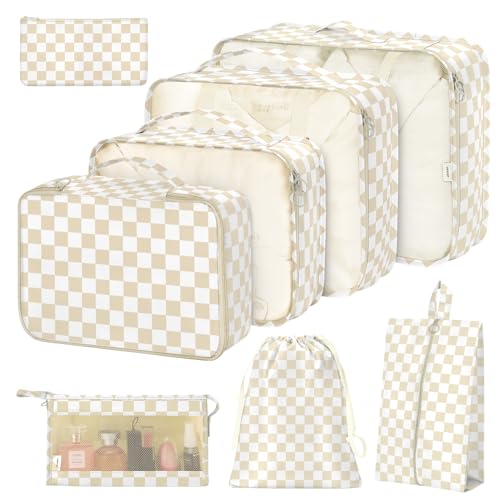 8 Set Packing Cubes for Suitcases,Packing Cube with Shoe, Cosmetics, Clothing, and Accessories Bags Packing Cubes for Travel Luggage Organizer Women Men(Khaki Checkered) - color: Khaki Checkered