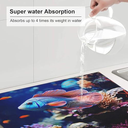 Coral Reef Fish Aquarium Dish Drying Mat for Kitchen Counter 18"x16" Super Absorbent Microfiber Dish Drying Pad Non-slip Drainer Mats Extra Large Dish Rack Pad Kitchen Drying Mat