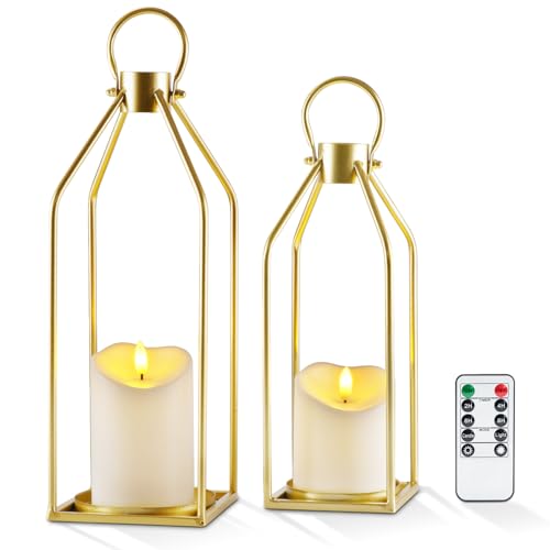 Homemory Modern Farmhouse Lantern Decor with Waterproof Flameless Candle & Remote Timer, 2PCS Gold Metal Candle Lantern Decorative for Outdoor Indoor Home Living Room Patio Porch Table (Gold) - color: Gold