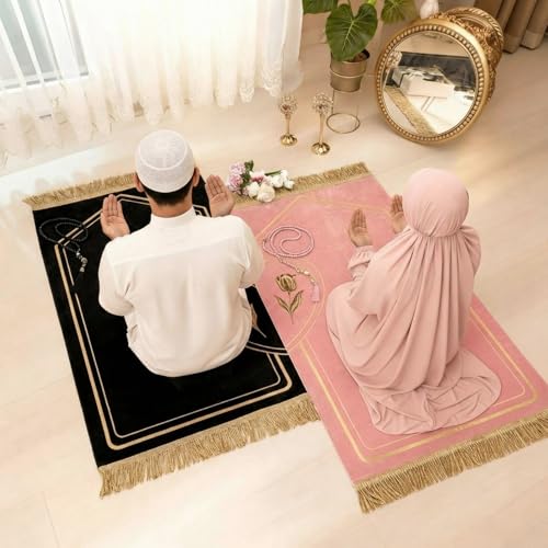 Drydiet 2 Pcs Muslim Couple Prayer Rug Set Heart Design with 2 Pcs Prayer Beads Islamic Muslim Gift Black and Pink Travel Mat Soft Velvet Mat for Couple Women Men Ramadan Eid Wedding Birthday - color: Black and Pink