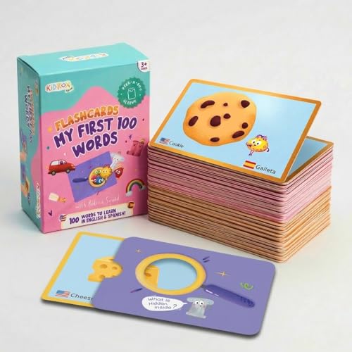 Kidrox 100 First Words Flash Cards for Toddlers, English with Spanish Learning Cards, Preschool Vocabulary & Speech Development Toy with Peek-a-Boo Sleeve for Memory Enhancement & Pattern Recognition - color: First 100 Words