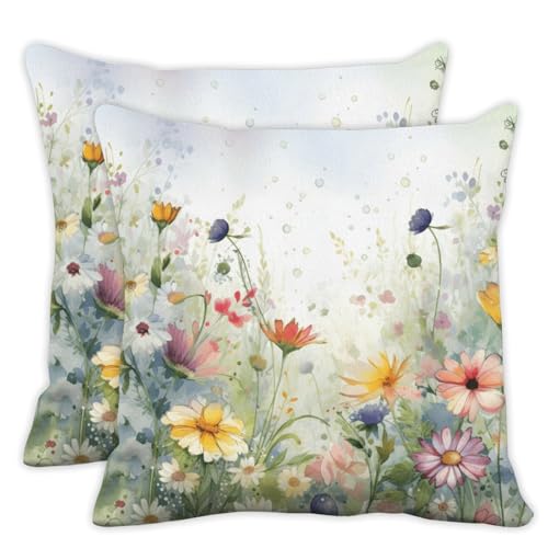 Farmhouse Spring Daisy Pillow Covers 18x18 in Wild Flower Pillow Covers 18x18 Set of 2 dreamly Watercolor Wildflower Pillows Cover Nature Yellow Pink Blue Floral Pillows Cover Decor - color: Wildflower Meadow Deocr