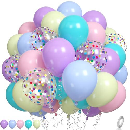 Pastel Balloons, Multicolor Macaron Balloons Colorful Latex Party Balloon, Baby Pink Blue Purple Yellow and Teal Rainbow Confetti Balloon for Kids Pastel Birthday Easter Party Baby Shower Wedding - color: Pastel