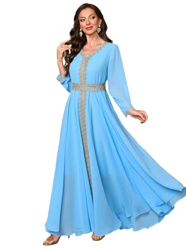 Elegant Muslim Dress with Embroidered Traditional Islamic Attire Maxi Robe Eid Prayer Gown - color: Blue, size: XX-Large