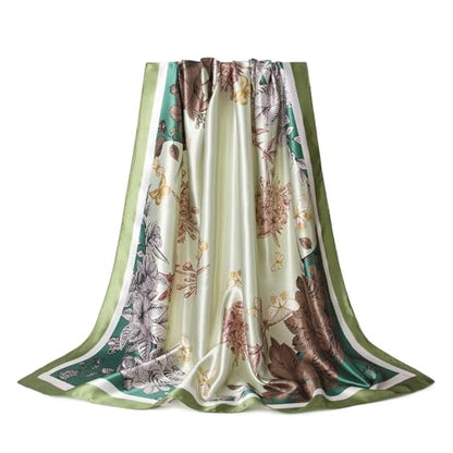 Silk-Feel 35x35 Satin Hair Scarf | Multi-Way Head Wrap for Sleep, Style & Hijab | Gift-Ready Fashion Scarf for Women - color: Green-flowers