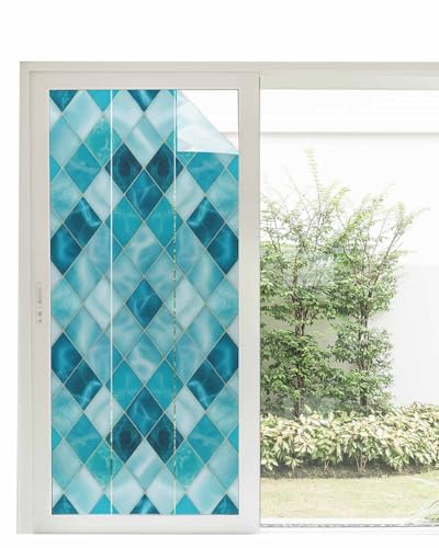 Window Privacy Film Teal Blue Diamond Window Clings for Glass Windows Modern Geometric Lines Windows Film Static Cling Frosted Windows Sticker Covering for Bathroom Living Room Office 35.4"x78.7" - size: 35.4"x78.7"
