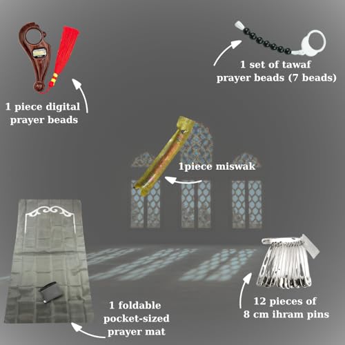 11 Piece Hajj Umrah Ihram Set for Men, Premium Turkish Cotton Ihram Towels 43x87 Inches, Muslim Pilgrimage Essentials Kit with Belt, Prayer Mat, Tasbih & Bags