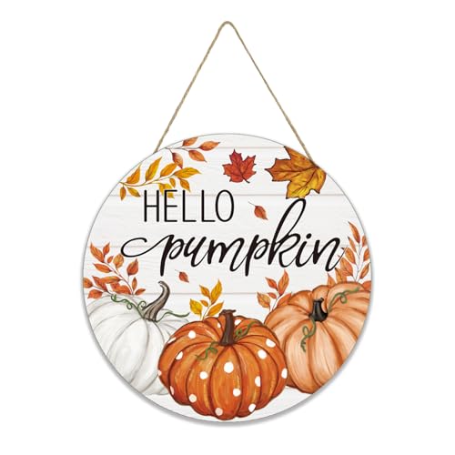Smile Fall Thanksgiving Halloween Wooden Door Hanger, Hello Pumpkin Maple Leaf Rustic Wood Door Sign for Farmhouse Home Porch Autumn Holiday Party Decorations - style: Hello Pumpkin