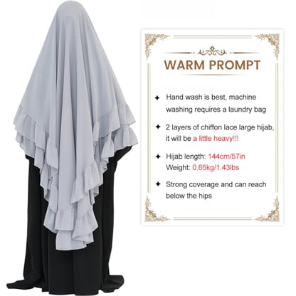 khalat Women's Hijab Chiffon Hijab for Women Muslim 2 Layers Ruffle Lightweight Large Hijab - color: Light Gray