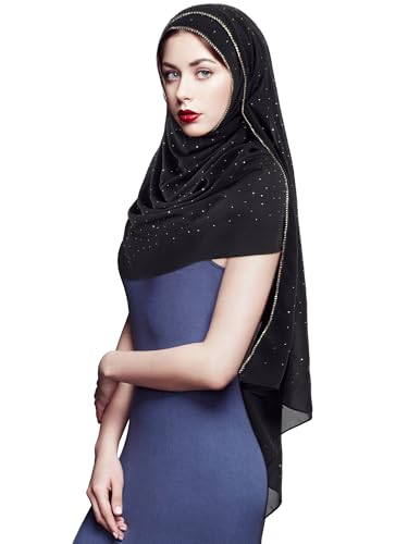 Geyoga Hijab Scarf for Women Soft Chiffon Rhinestone Long Scarf Shawl Fashion Muslim Hijab Head Wrap Scarves - color: Black