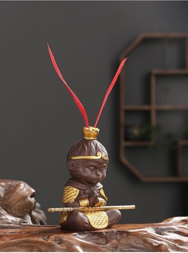 Handmade 4.6" Monkey King Statue Sun Wukong Buddha Zen Monk Figure Chinese zisha Purple Clay Sculpture with Golden Cudgel, Collectible Purple Sand Tea Pet fish tank Home Car Decor Tea Tray