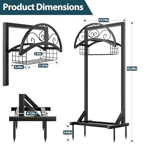 Garden Hose Holder Stand, BOLITE Metal Hanger with Storage Basket, 150ft | Heavy Duty, Freestanding Detachable, Water Hose Holder with Storage Basket, 4 Spikes, Storage Rack for Outside Yard Lawn Farm - style: Freestanding with Bracket