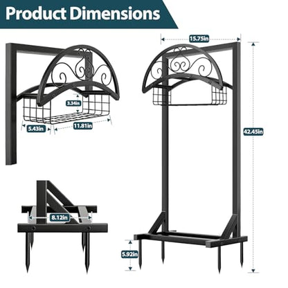 Garden Hose Holder Stand, BOLITE Metal Hanger with Storage Basket, 150ft | Heavy Duty, Freestanding Detachable, Water Hose Holder with Storage Basket, 4 Spikes, Storage Rack for Outside Yard Lawn Farm - style: Freestanding with Bracket