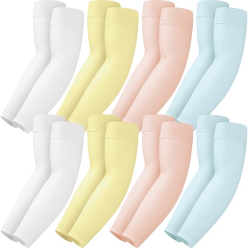 Mochabao 8 Pairs Soft Arm Sleeves, UV Sun Protection Cooling Compression Arm Covers for Outdoor Work, Sports, Men & Women - color: 2 White + 2 Light Yellow + 2 Pink + 2 Light Blue