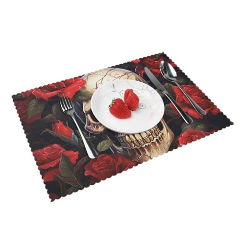 Placemats Set of 4 Heat Resistant Skull Rose-Red Place mat for Dining Table Non-Slip Table Mats Desktop Protection Pad Washable Place Mats for Kitchen Dining Outdoor - color: Skull Rose-red