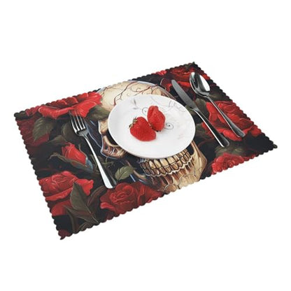 Placemats Set of 4 Heat Resistant Skull Rose-Red Place mat for Dining Table Non-Slip Table Mats Desktop Protection Pad Washable Place Mats for Kitchen Dining Outdoor - color: Skull Rose-red
