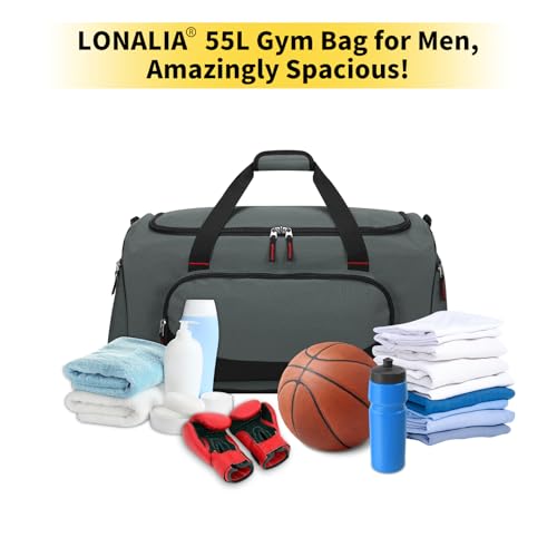 55L Large Sports Duffle Gym Bag for Men, 22 inch, Gray | Heavy Duty, Gym Duffel Bag, Multi Pockets, Spacious - color: Grey