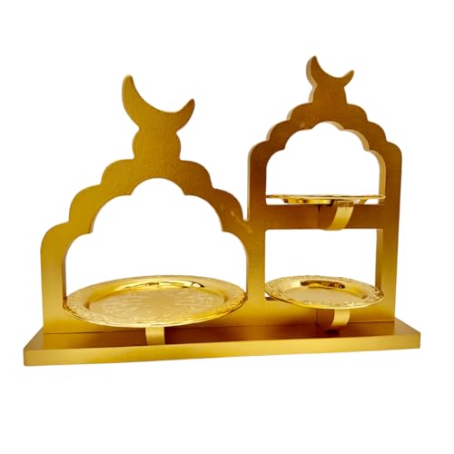 Traditional Kettle Style & Black Mosque Tray Set, MDF & Stainless Steel, Elegant Gold Plates for Ramadan Decor (Minar Masjid Gold) - color: Minar Masjid Gold