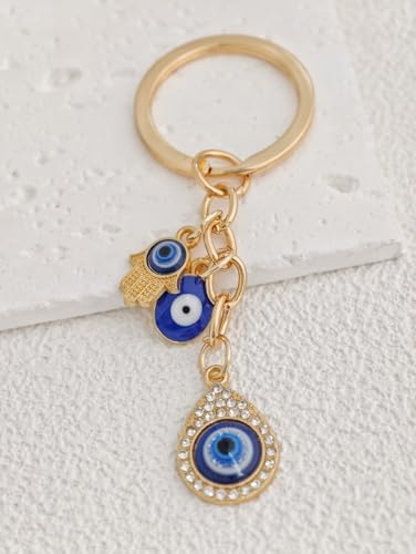 Blue Evil Eye Keychain Hamsa Hand Protection Keyring Good Luck Amulet for Purse Keys,Spiritual Gift for Women Men - color: Gold-2