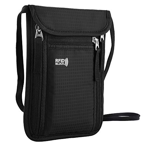 Travel Pouch Neck Wallet Family Passport Holder Organizer Case with RFID Blocking - color: Black