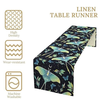 Bohemia Butterfly Moth Table Runner, Boho Wildflower Moon Phase Botanical Print Table Runner for Home Kitchen Dining Patio Holiday Party 13x36in - color: Moth-2, size: W13''xL36''