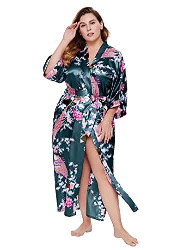 BABEYOND Women's Kimono Robe Long Satin Robes with Peacock and Blossoms Printed Kimono Nightgown - color: Black Blue, size: One Size Plus