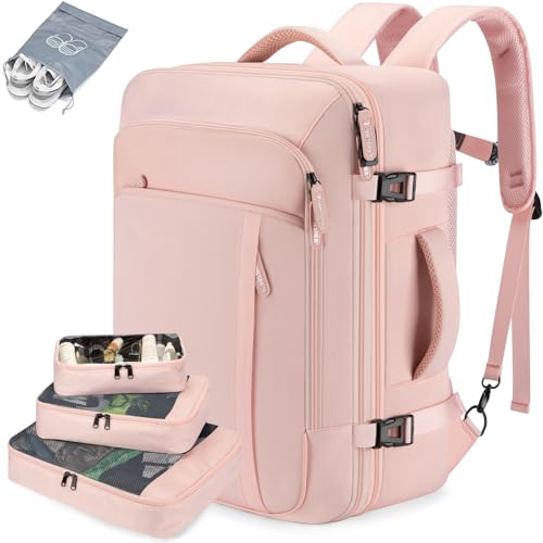 Lumesner 40L Expandable Carry On Travel Backpack with 4 Packing Cubes - color: Pink, size: 20 inches