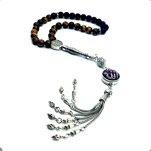 Tiger Eye Prayer Beads, Natural Stone Misbaha Tasbih for Men & Women, Meditation Beads, Healing Stone, Islamic Gift, Handmade Gemstone Mala - color: Model 1 - Red Allah Snap Button
