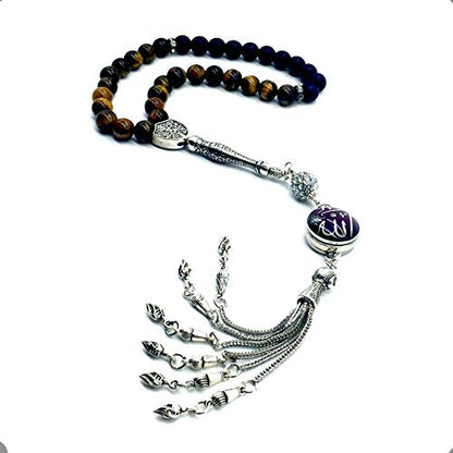 Tiger Eye Prayer Beads, Natural Stone Misbaha Tasbih for Men & Women, Meditation Beads, Healing Stone, Islamic Gift, Handmade Gemstone Mala - color: Model 1 - Red Allah Snap Button