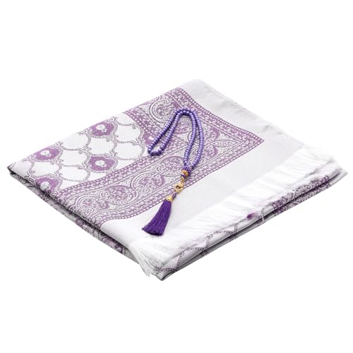 Muslim Prayer Rug and Beads with Portable Bag, Muslim Gifts for Women Men, Janamaz, Sajadah, Soft Mat Islam Gifts Set, Turkish Sajadah for Ramadan, Eid, Hajj, Travel, Pray - color: Purple