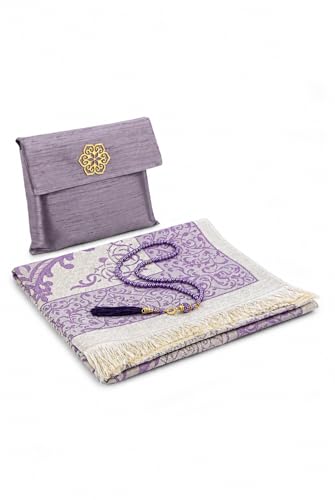 ihvan online Muslim Prayer Rug with Tasbih & Travel Bag, Soft Taffeta Sajadah, Lightweight & Foldable Janamaz, Portable Prayer Mat, Islamic Gift for Eid, Ramadan, Hajj & Umrah, Purple - color: Purple