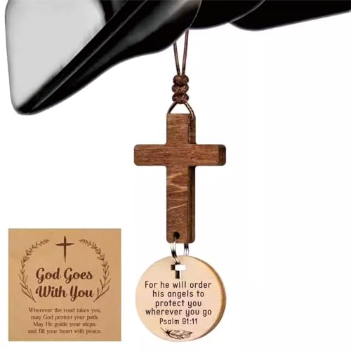 Engraved Wooden Christian Cross Car Hanging Ornament Rearview Mirror Decor for Car SUV Interior - color: Psalm