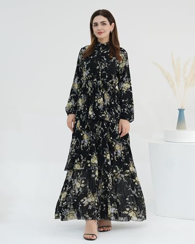 Breathable Modest Prayer Dresses Long Sleeve Layered Maxi Dress with Belt European Floral Print Women Muslim Abaya - color: Black, size: XL(58)